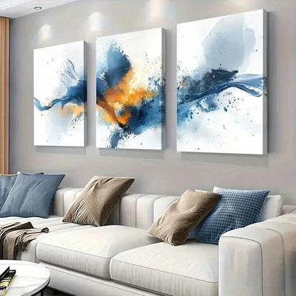 3pcs Blue & Orange Abstract Watercolor Splash Wall Art Set Canvas Framed 40x60cm - High Quality Print 100% Australian Made Wall Canvas Ready to Hang