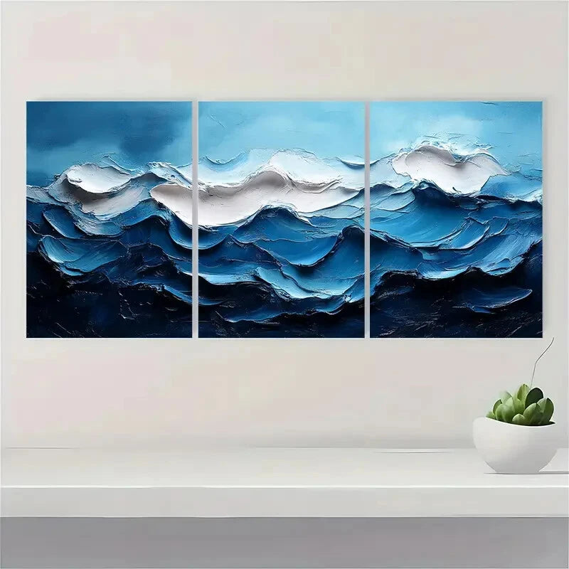 3pcs Abstract Blue Seascape Oil Paintings Metal Print Ready to Hang Art
