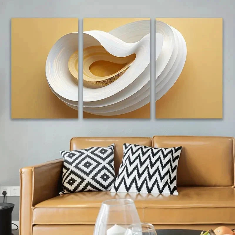 3pcs White and Golden Sculpture Metal Print Ready to Hang Art