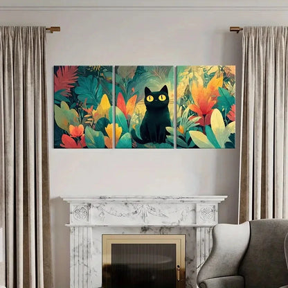 3pcs Black Cat Vibrant Leaves Tropical Jungle Metal Print Ready to Hang Art