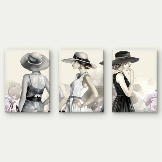 3pcs Elegant Fashion Illustration Women in Hats Wall Art Set Canvas Framed 50x70cm - High Quality Print 100% Australian Made Wall Canvas Ready to Hang