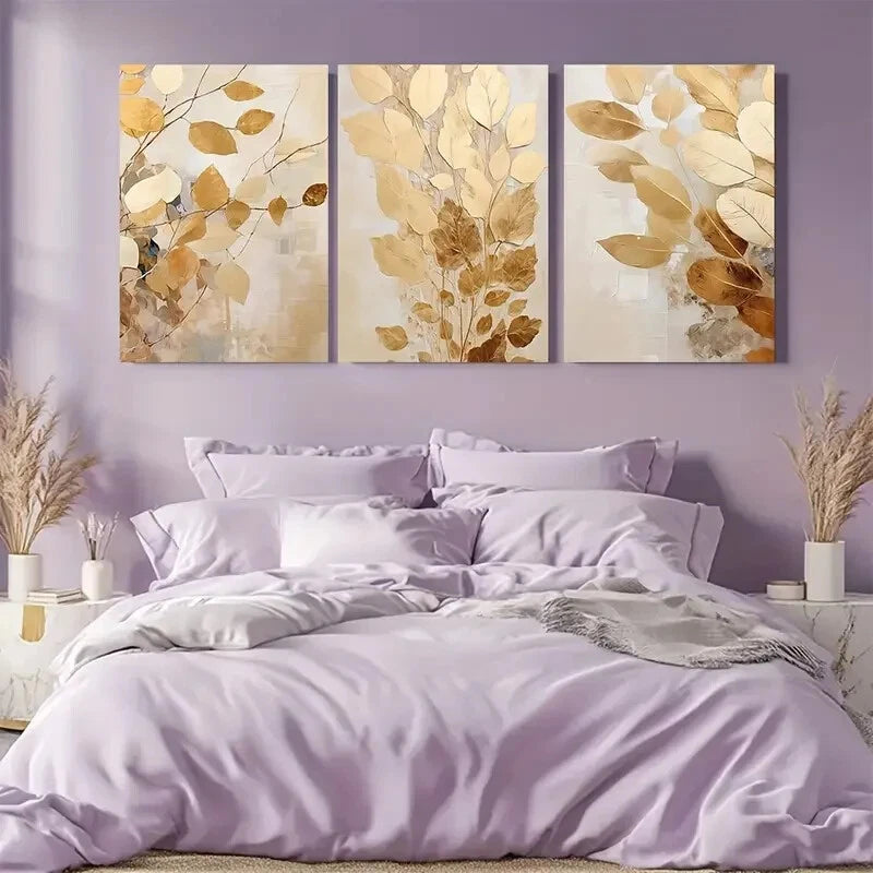 3pcs Luxury Beige and Golden Abstract Autumn Metal Print Ready to Hang Art