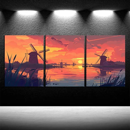 3pcs The Windmill at Sunset Illustration Metal Print Ready to Hang Art
