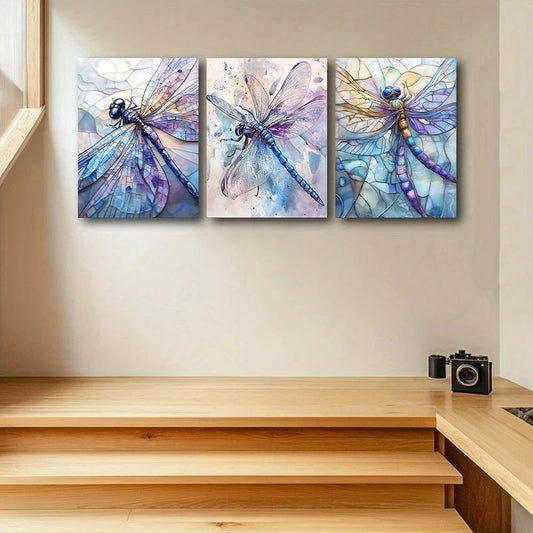 3pcs Dragonfly Painting Vibrant Purple Metal Print Ready to Hang Art