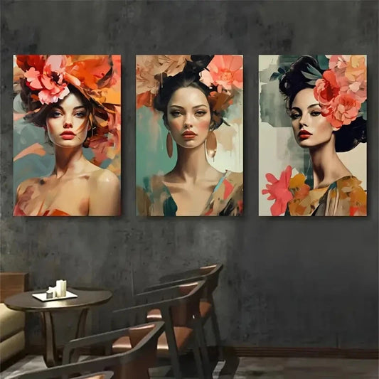 3pcs Floral Headpieces with Beautiful Women Metal Print Ready to Hang Art