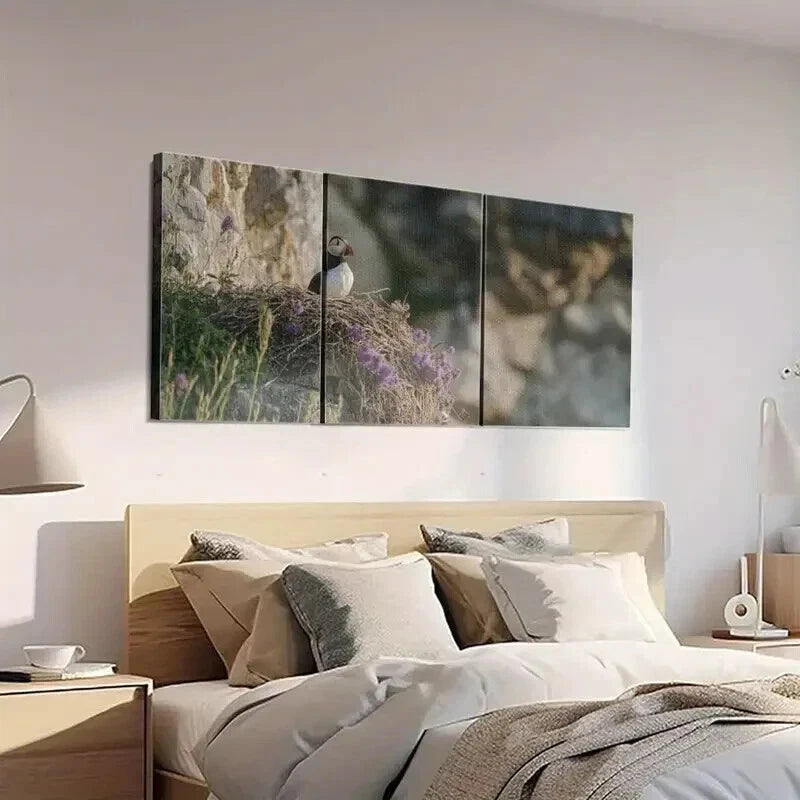 3pcs A Puffin is Sitting on the Edge of its Nest Wall Art Set Canvas Framed 40x60cm - High Quality Print 100% Australian Made Wall Canvas Ready to Hang