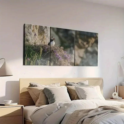 3pcs A Puffin is Sitting on the Edge of its Nest Wall Art Set Canvas Framed 40x60cm - High Quality Print 100% Australian Made Wall Canvas Ready to Hang