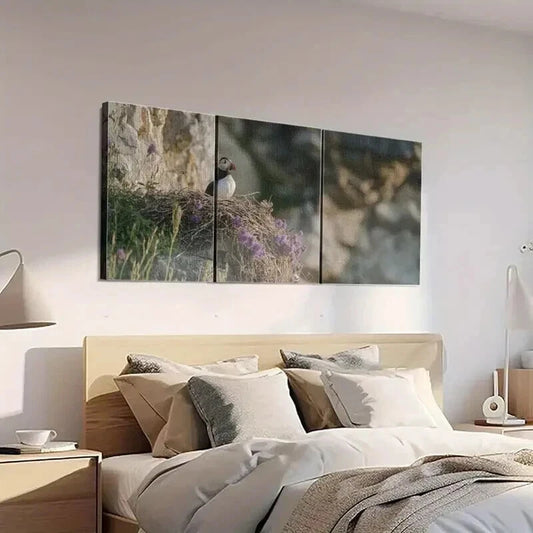 3pcs A Puffin is Sitting on the Edge of its Nest Wall Art Set Canvas Framed 40x60cm - High Quality Print 100% Australian Made Wall Canvas Ready to Hang
