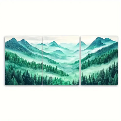 3pcs Emerald Green Forest Misty Mountain Wall Art Set Canvas Framed 50x70cm - High Quality Print 100% Australian Made Wall Canvas Ready to Hang