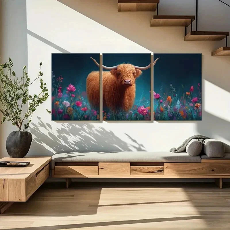 3pcs Highland Cow Floral Garden Poster Metal Print Ready to Hang Art