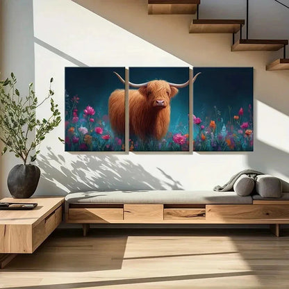 3pcs Highland Cow Floral Garden Poster Metal Print Ready to Hang Art