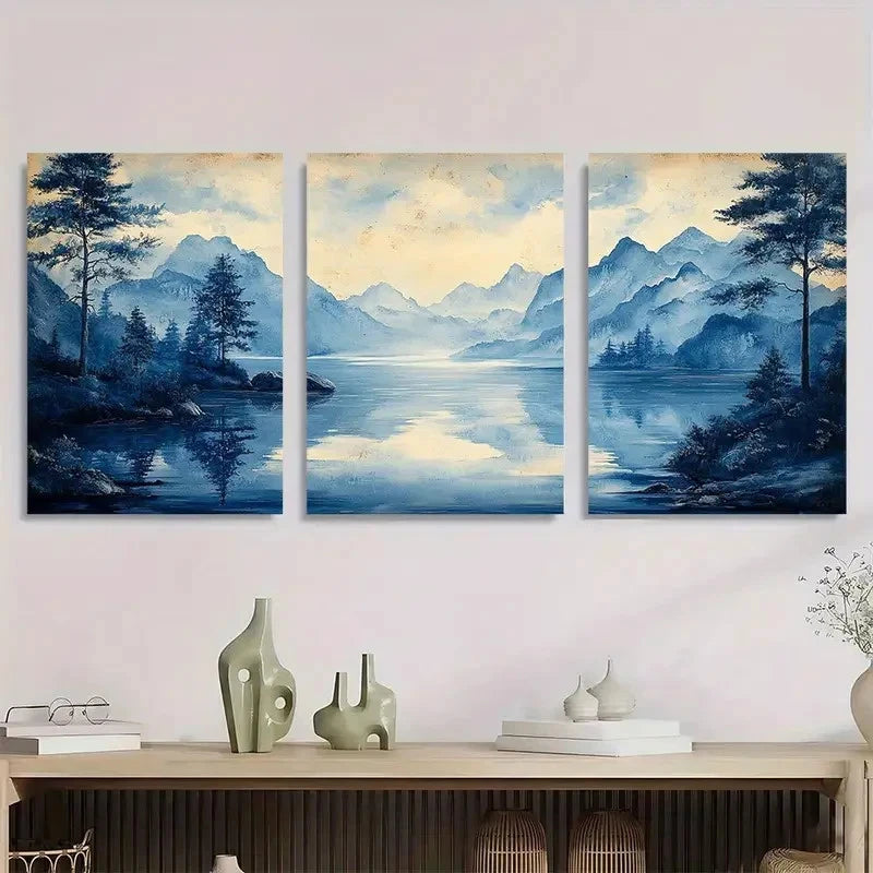 3pcs Vintage Serene Valley & Mountain Landscape Metal Print Ready to Hang Art