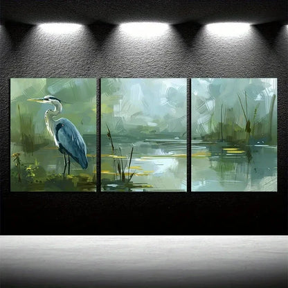 3pcs Heron Stands Quietly in A Peaceful Pond Metal Print Ready to Hang Art