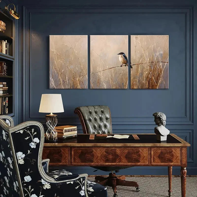 3pcs Artistic Bird Perched On Branch Warm Tones Metal Print Ready to Hang Art