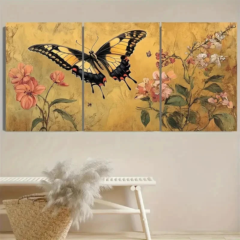3pcs Vibrant Butterfly & Flower Design Metal Print Ready to Hang Art