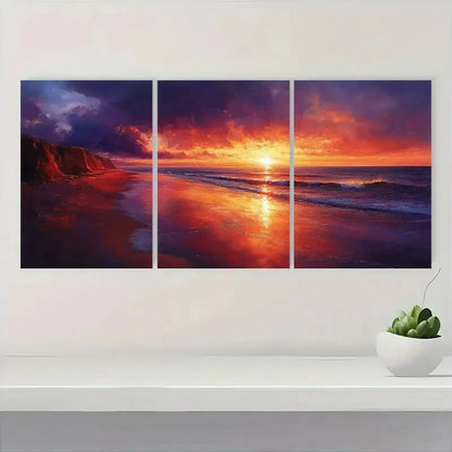 3pcs Sunset Beach Warm Orange & Dark Purple Sky Metal Print Ready to Hang Art