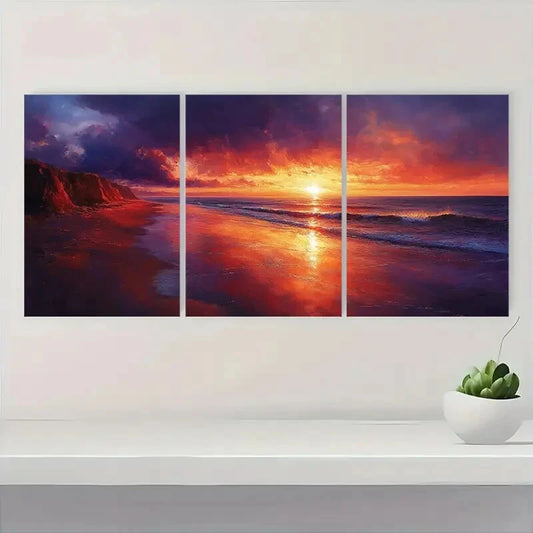 3pcs Sunset Beach Warm Orange & Dark Purple Sky Metal Print Ready to Hang Art