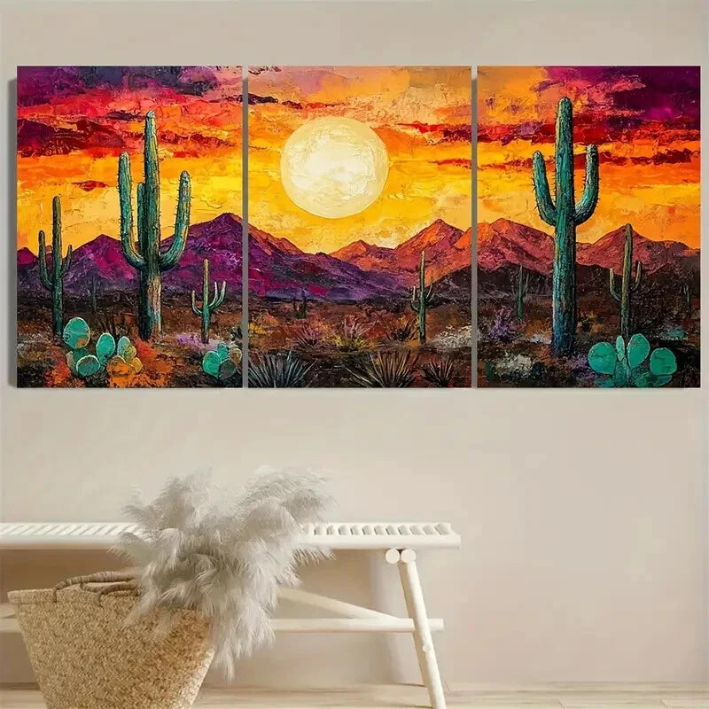 3pcs Southwestern Desert On Cactus Sunset Texture Metal Print Ready to Hang Art