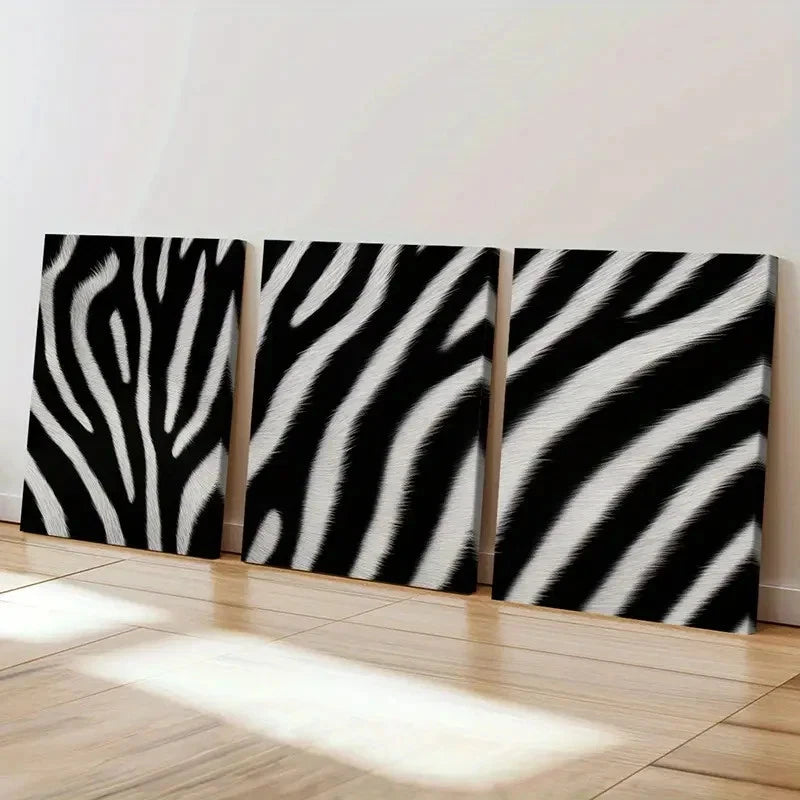 3pcs Black And White Abstract Zebra Stripes Wall Art Set Canvas Framed 50x70cm - High Quality Print 100% Australian Made Wall Canvas Ready to Hang