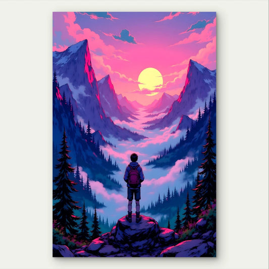 Vibrant Retro Mountain Hiker Illustration 40x60cm Metal Print Ready to Hang