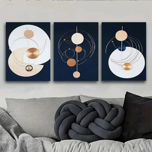 3pcs Modern Geometric Blue Golden & White Metal Print Ready to Hang Art