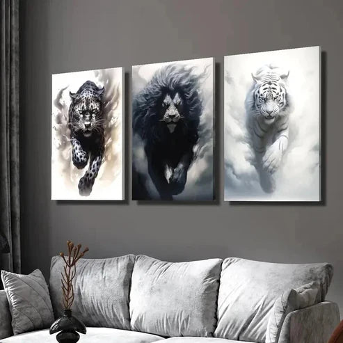 3pcs Black Cheetah Lion & White Tiger Wall Art Set Canvas Unframed - High Quality Print 100% Australian Made Wall Canvas