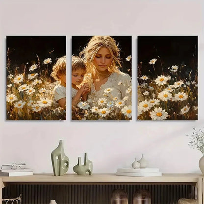 3pcs Mother & Youngsters Daisy Field Scene Metal Print Ready to Hang Art