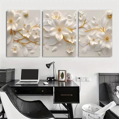 3pcs White Floral Paper Art with Golden Canvas Framed 40x60cm - High Quality Print 100% Australian Made Wall Canvas Ready to Hang