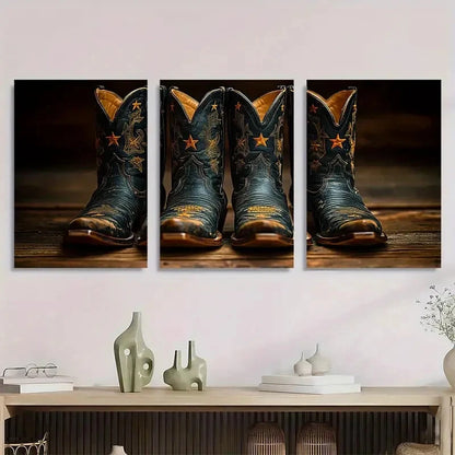 3pcs Retro Cowboy Boots Golden Accents Metal Print Ready to Hang Art