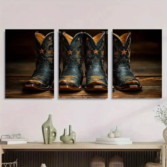 3pcs Retro Cowboy Boots Golden Accents Metal Print Ready to Hang Art