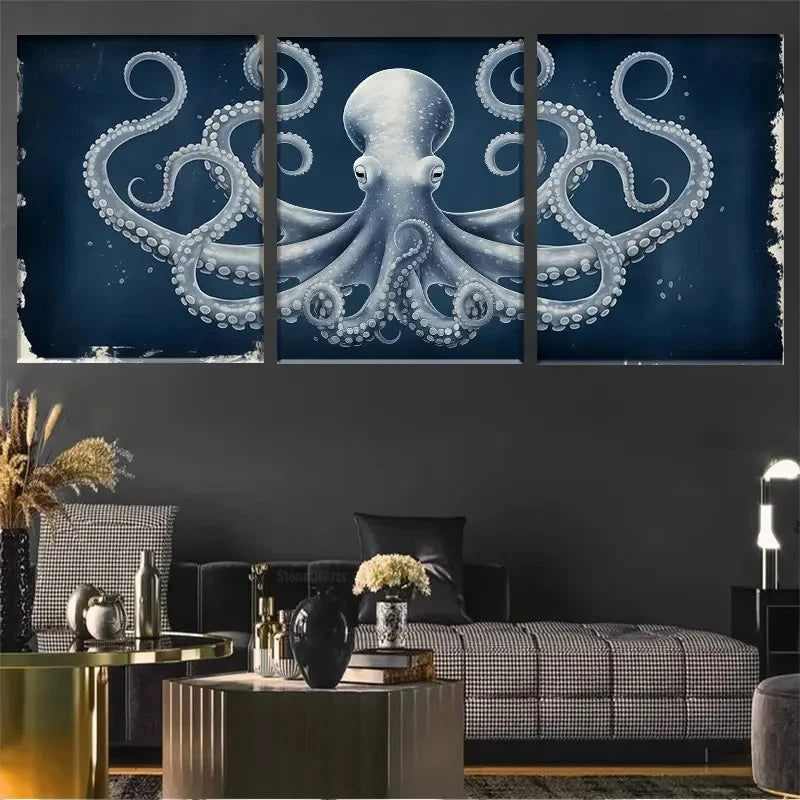 3pcs Enchanting Octopus Print on Dark Blue Metal Print Ready to Hang Art