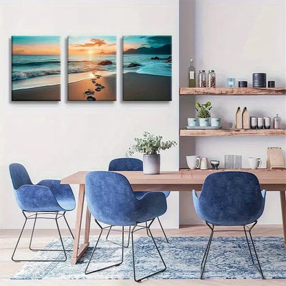 3pcs Coastal Waves Footprint Tropical Landscape Metal Print Ready to Hang Art