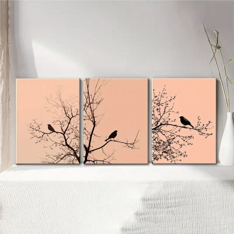 3pcs Minimalist Tree & Bird Silhouette Painting Metal Print Ready to Hang Art