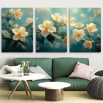 3pcs Jasmine Garden White Florals with Leaves Metal Print Ready to Hang Art