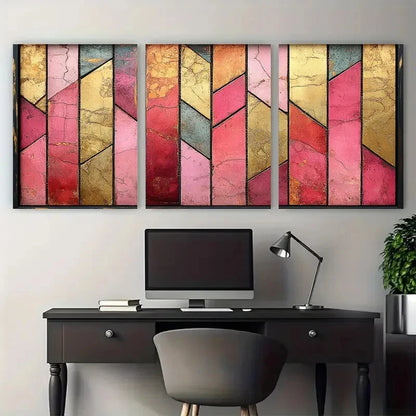 3pcs Pink Golden Marbling Bold Angular Design Metal Print Ready to Hang Art
