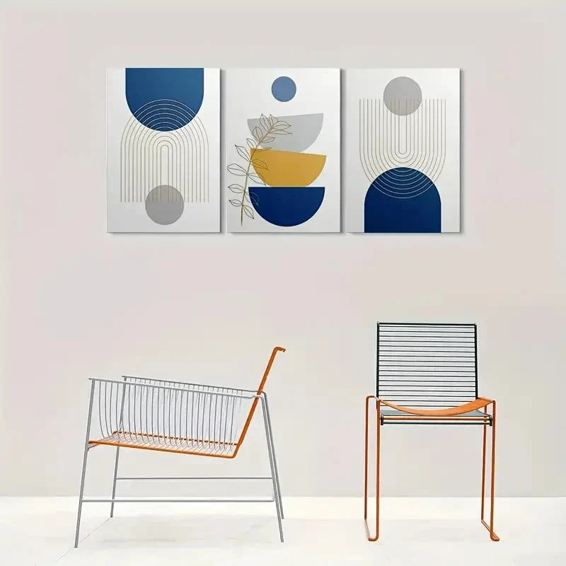 3pcs Abstract Geometric Blue & Golden Metal Print Ready to Hang Art