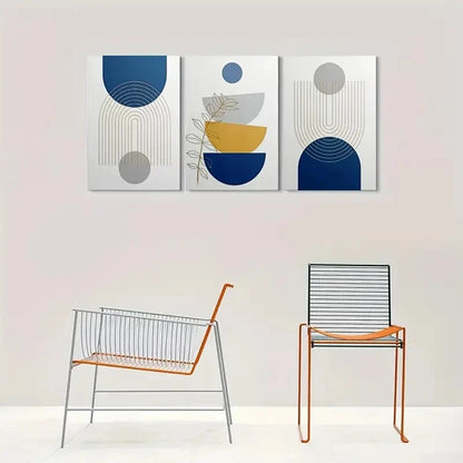 3pcs Abstract Geometric Blue & Golden Metal Print Ready to Hang Art