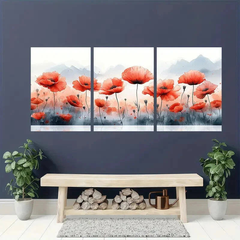 3pcs Vibrant Red Wildflowers & Mountain Landscape Metal Print Ready to Hang Art