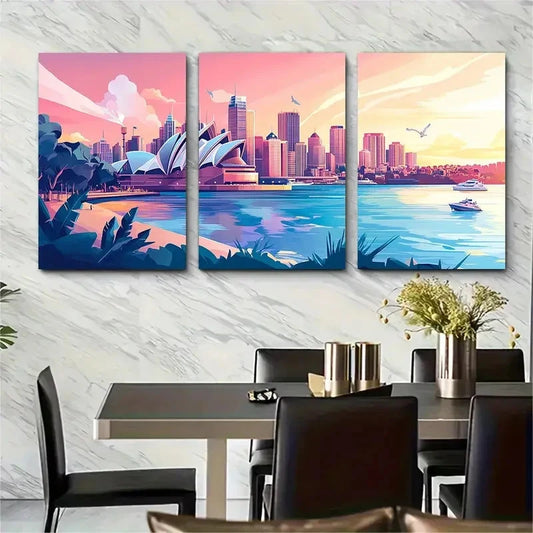 3pcs New Sydney Opera House Art, Australia Wall Art Set Canvas Framed 50x70cm - High Quality Print 100% Australian Made Wall Canvas Ready to Hang