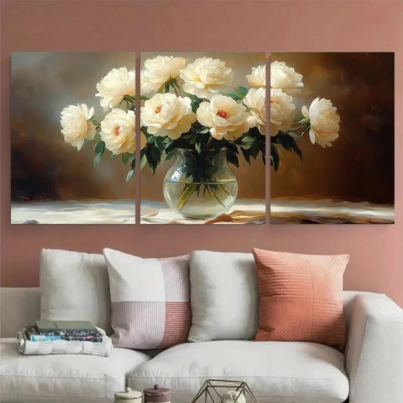 3pcs White Roses Peonies Flowers in a Glass Vase Wall Art Set Canvas Framed 40x60cm - High Quality Print 100% Australian Made Wall Canvas Ready to Hang