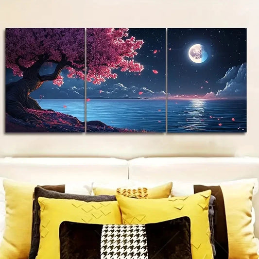3pcs Flowering Tree & Moonlit Night Scene Wall Art Set Canvas Framed 40x60cm - High Quality Print 100% Australian Made Wall Canvas Ready to Hang