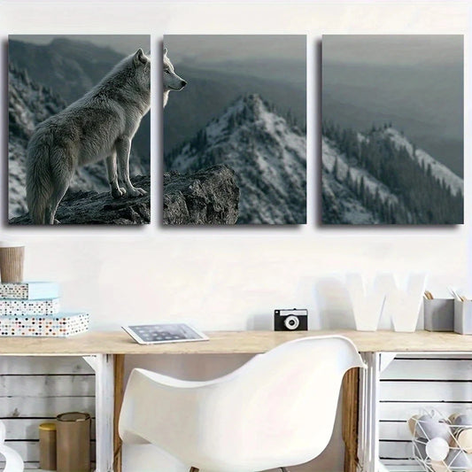 3pcs Wolf & Pack Scene Geometric Design Metal Print Ready to Hang Art