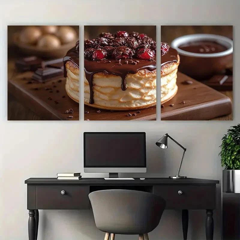 3pcs Layered Souffle Dessert with Chocolate Sauce Metal Print Ready to Hang Art