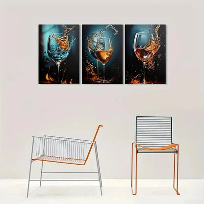 3pcs Modern Abstract Wine Glass Metal Print Ready to Hang Art
