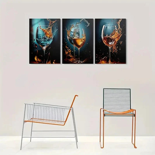 3pcs Modern Abstract Wine Glass Metal Print Ready to Hang Art
