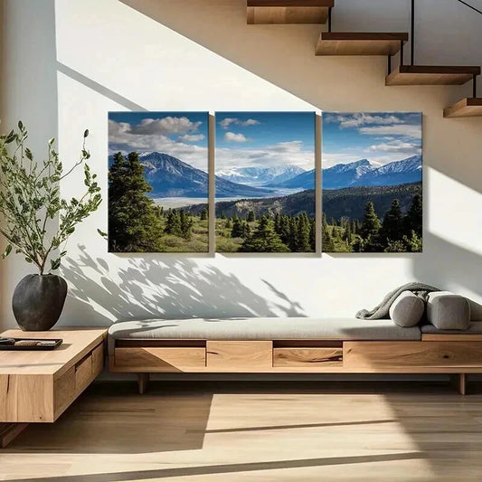 3pcs Mountains Trees and Blue Sky with Clouds Wall Art Set Canvas Framed 40x60cm - High Quality Print 100% Australian Made Wall Canvas Ready to Hang