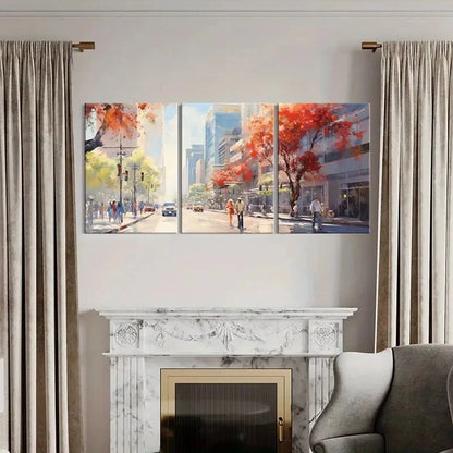 3pcs Abstract Cityscape Autumn Trees Urban Life Metal Print Ready to Hang Art