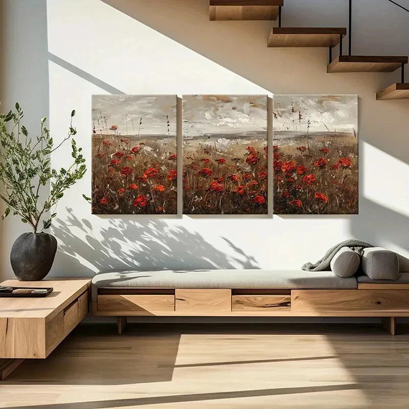 3pcs Abstract Landscape Art Red Poppies Metal Print Ready to Hang Art