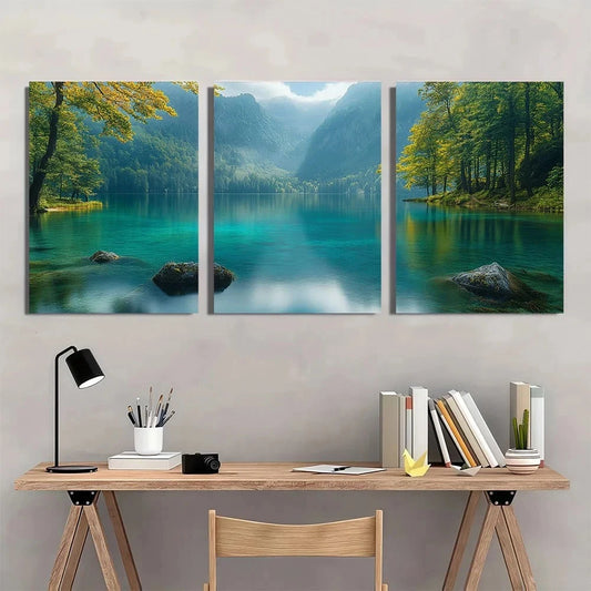 3pcs Dreamy Lake Forest Scenery Metal Print Ready to Hang Art