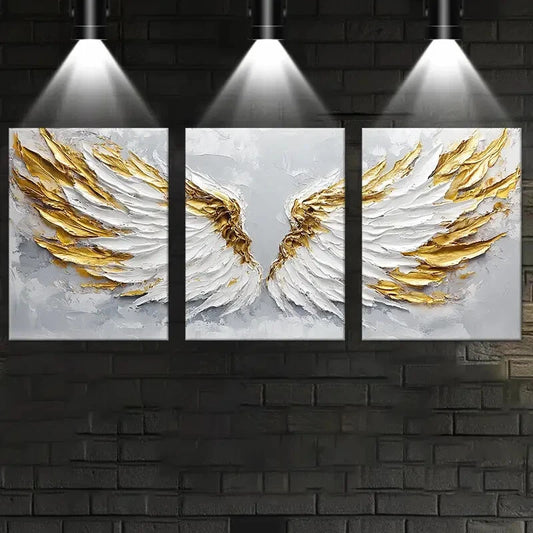3pcs Abstract White & Golden Wings Wall Art Set Canvas Framed 40x60cm - High Quality Print 100% Australian Made Wall Canvas Ready to Hang